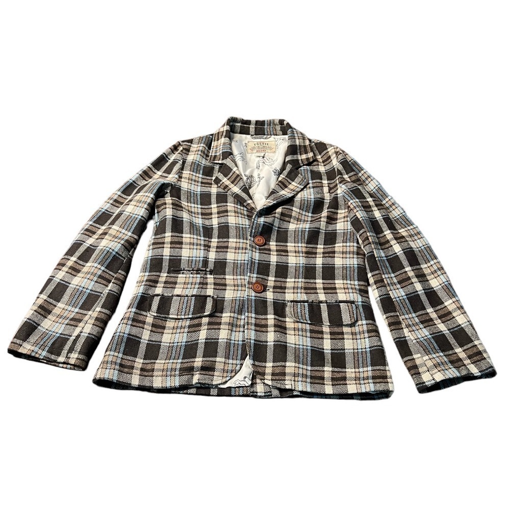 FOSSIL MENS BROWN PLAID SPORTS JACKET SIZE SMALL